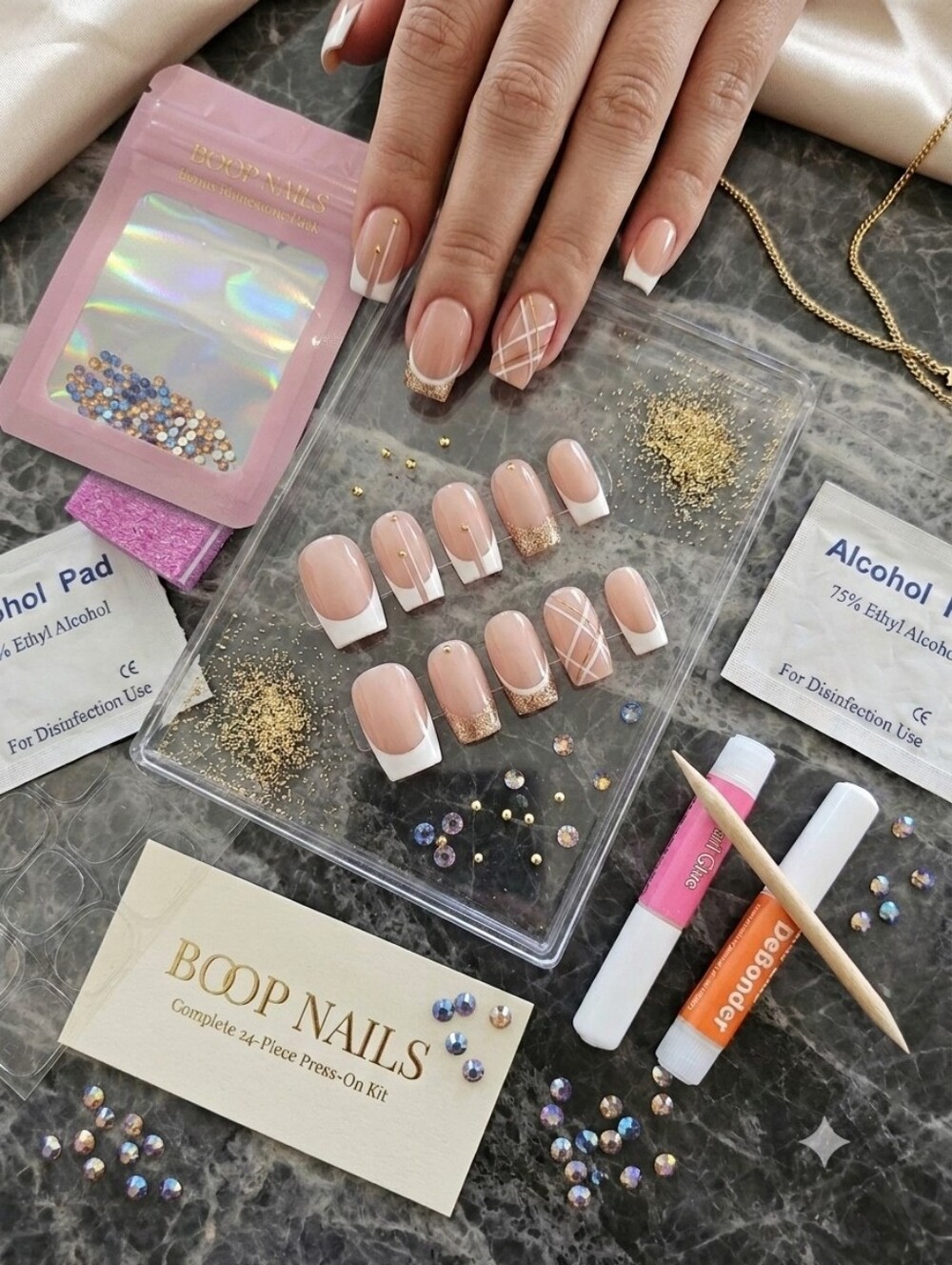 Nude & Gold Geometric Press-On Nail Bundle + Prep, Remover & Rhinestones